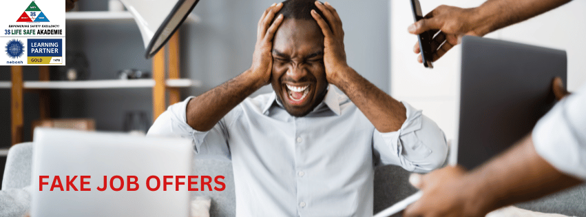 Illustration of an annoyed man with a frustrated expression, sitting at a desk surrounded by scattered papers and a laptop, symbolizing stress caused by fake job offers and scams.